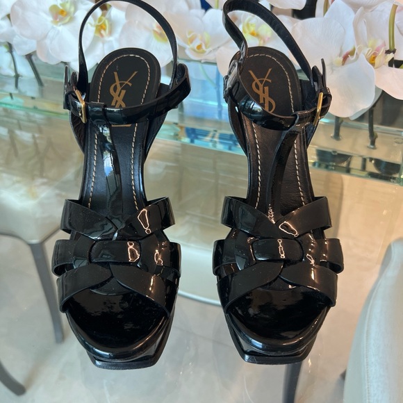 Saint Laurent Tribute Black Patent Leather 105mm Platform Sandals Size 39 US 9 - Picture 1 of 10